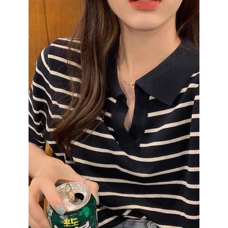 Áo kiểu nữ tay ngắn cổ chữ V kẻ sọc thời trang, áo len kẻ polo basic chất mongtoghi free size cá tính hàng Quảng Châu