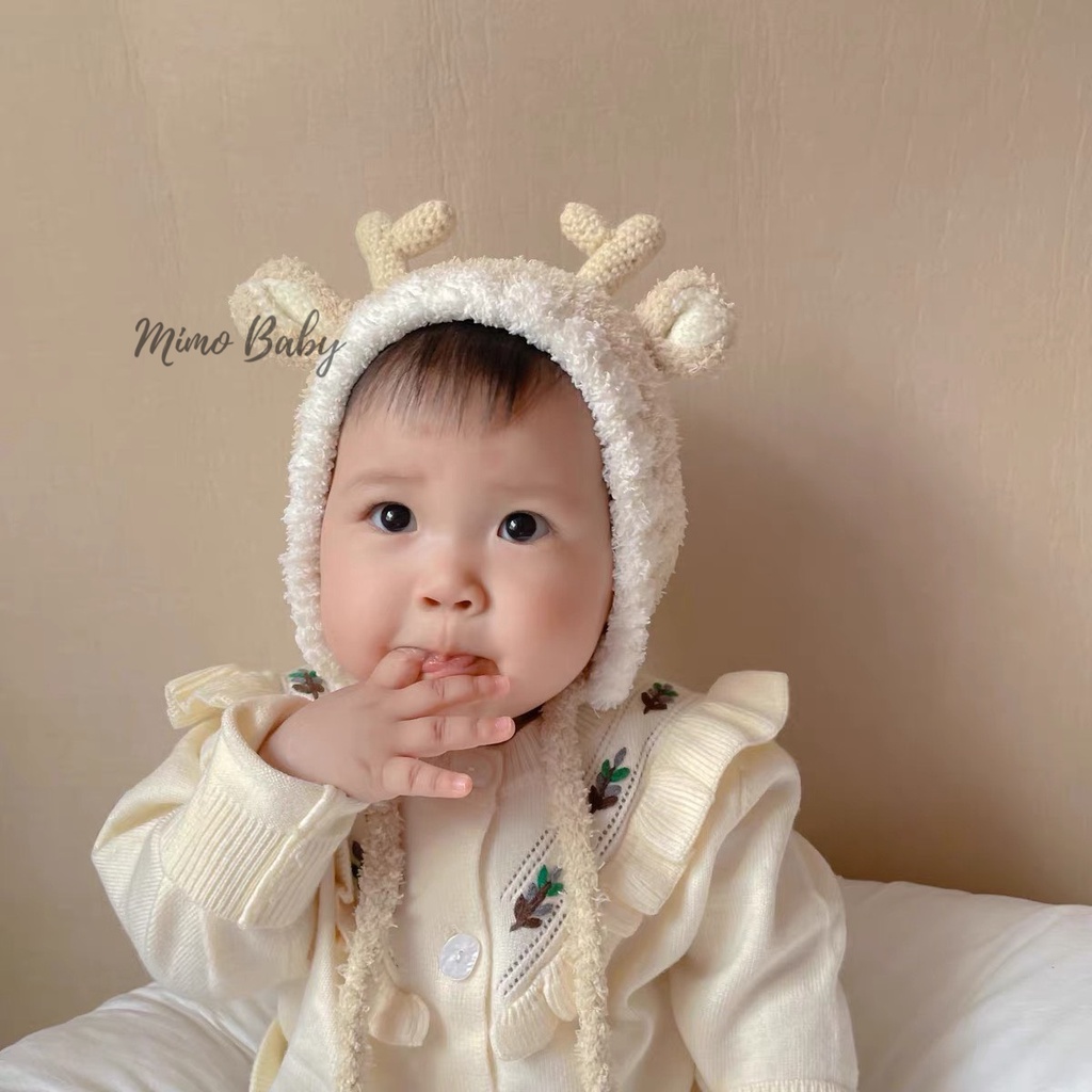 Mũ len lông buộc dây đính sừng tuần lộc đáng yêu cho bé ML195 Mimo Baby