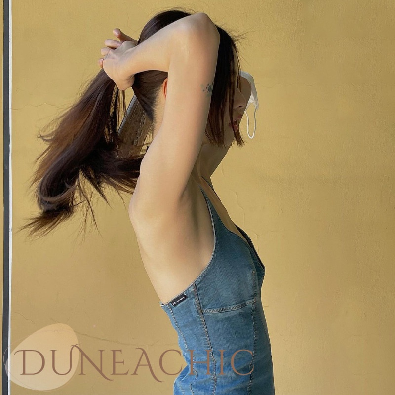 Đầm denim DUNEA cổ chữ V hở lưng phối khóa kéo phong cách cổ điển gợi cảm cho nữ