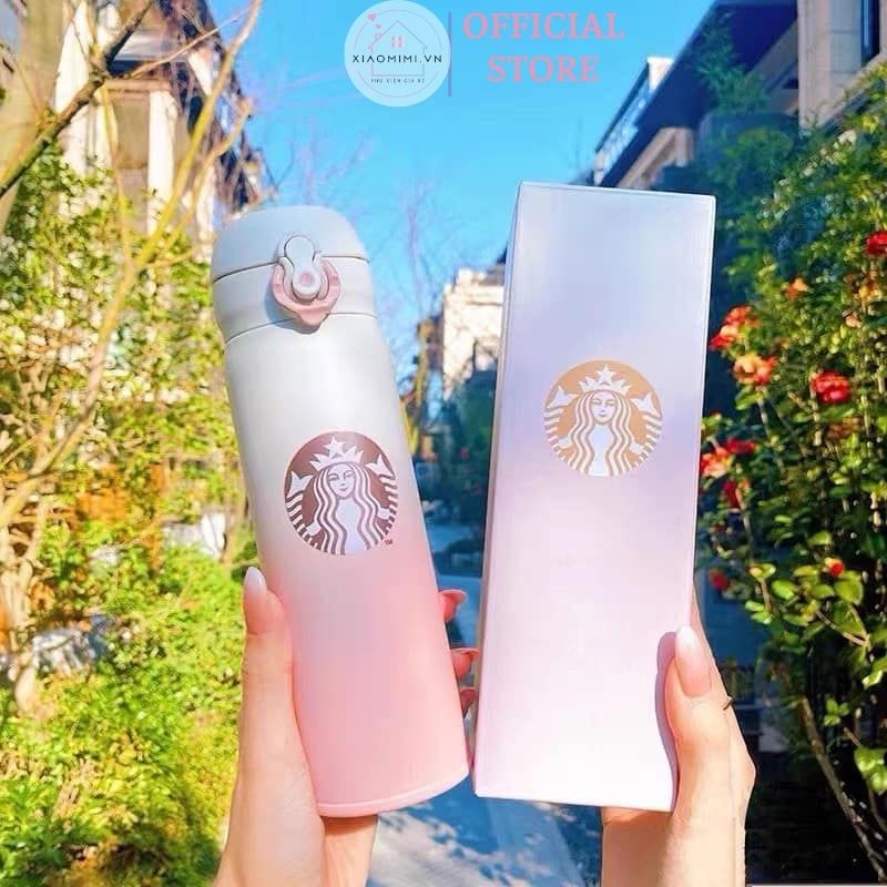 Bình nước giữ nhiệt nóng lạnh inox Stabuck dung tích 500 ml màu hồng loang 304 cao cấp XIAOMIMI D2.099