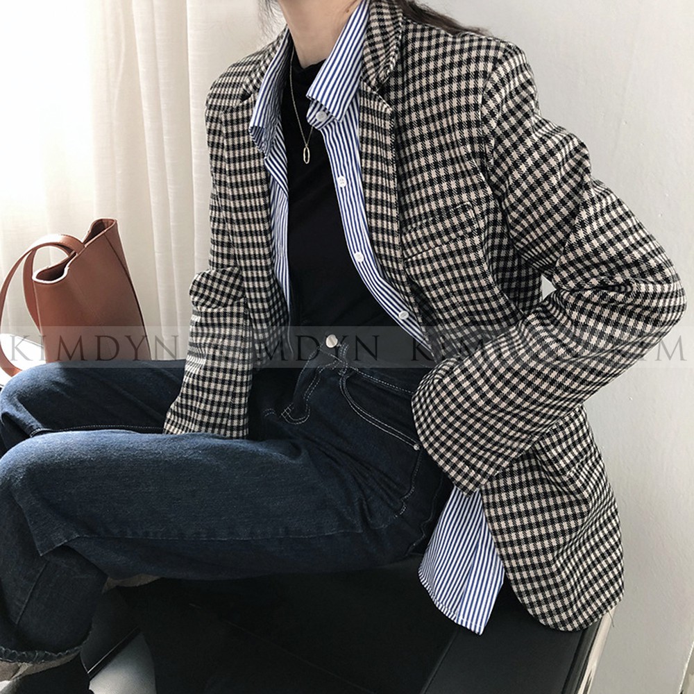 Áo blazer nữ Áo vest nữ form rộng họa tiết kẻ Gingham hai lớp KimDyn