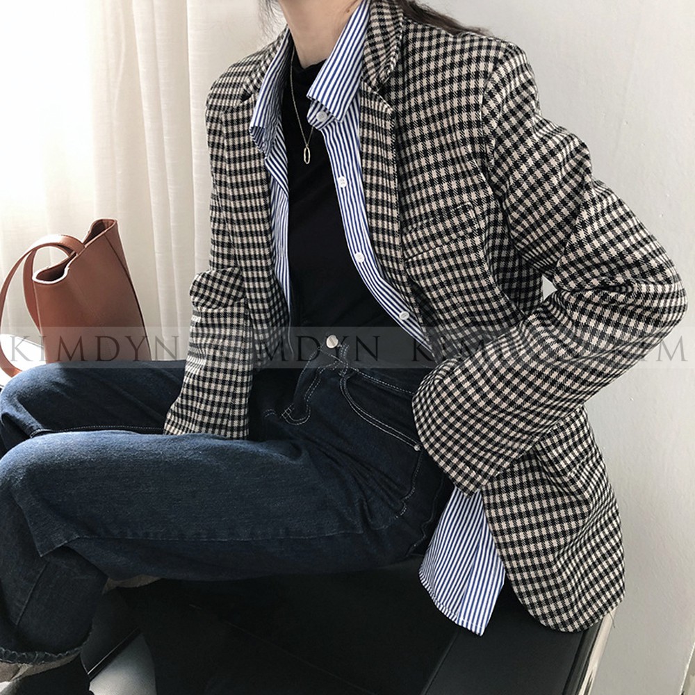 Áo blazer nữ Áo vest nữ form rộng họa tiết kẻ Gingham hai lớp KimDyn [KDBL04]