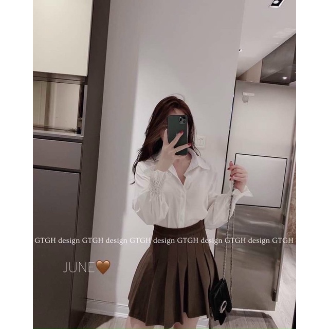 Áo sơ mi nữ mầu trắng cổ đức tay bo chun dáng dài