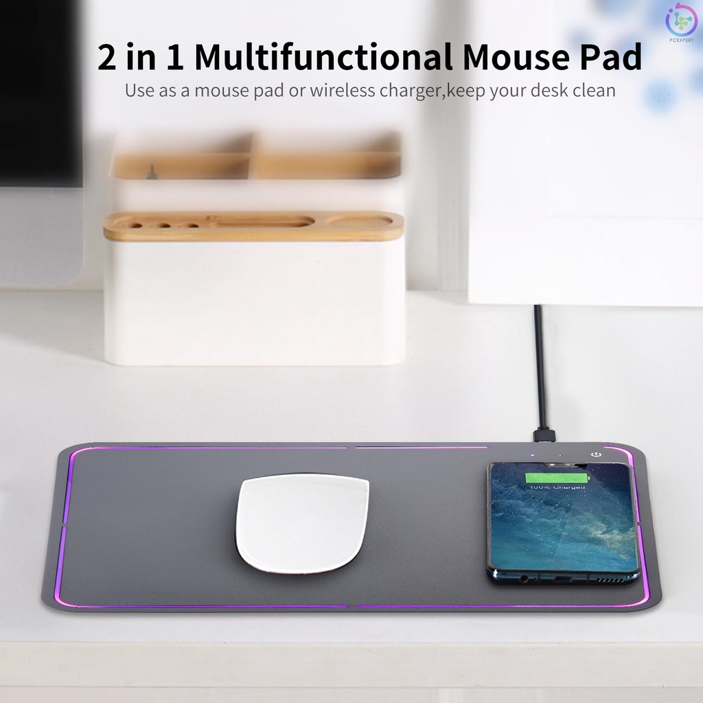 10W Wireless Charging Luminous Mouse Pad 2 in 1 Multifunctional Colorful RGB Quick Charge Non-slip Phone Charge Board Black