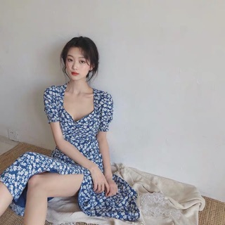 Đầm hoa nhí xẻ đùi xanh đơn giản