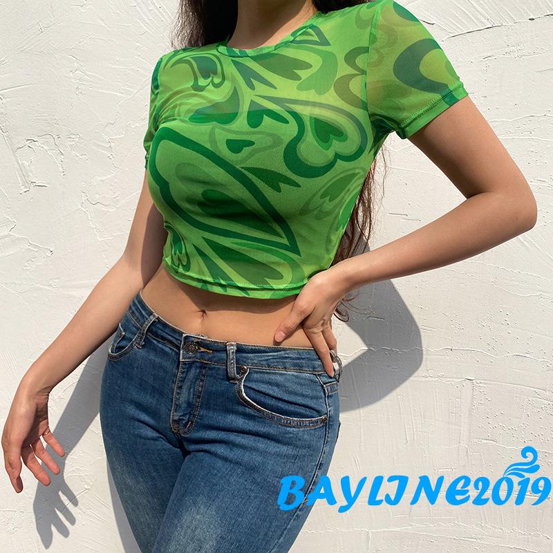 Áo Croptop Ngắn Tay Cổ Tròn In Họa Tiết Trái Tim Xinh Xắn Theo Phong Cách Xuân Hè Dành Cho Nữ