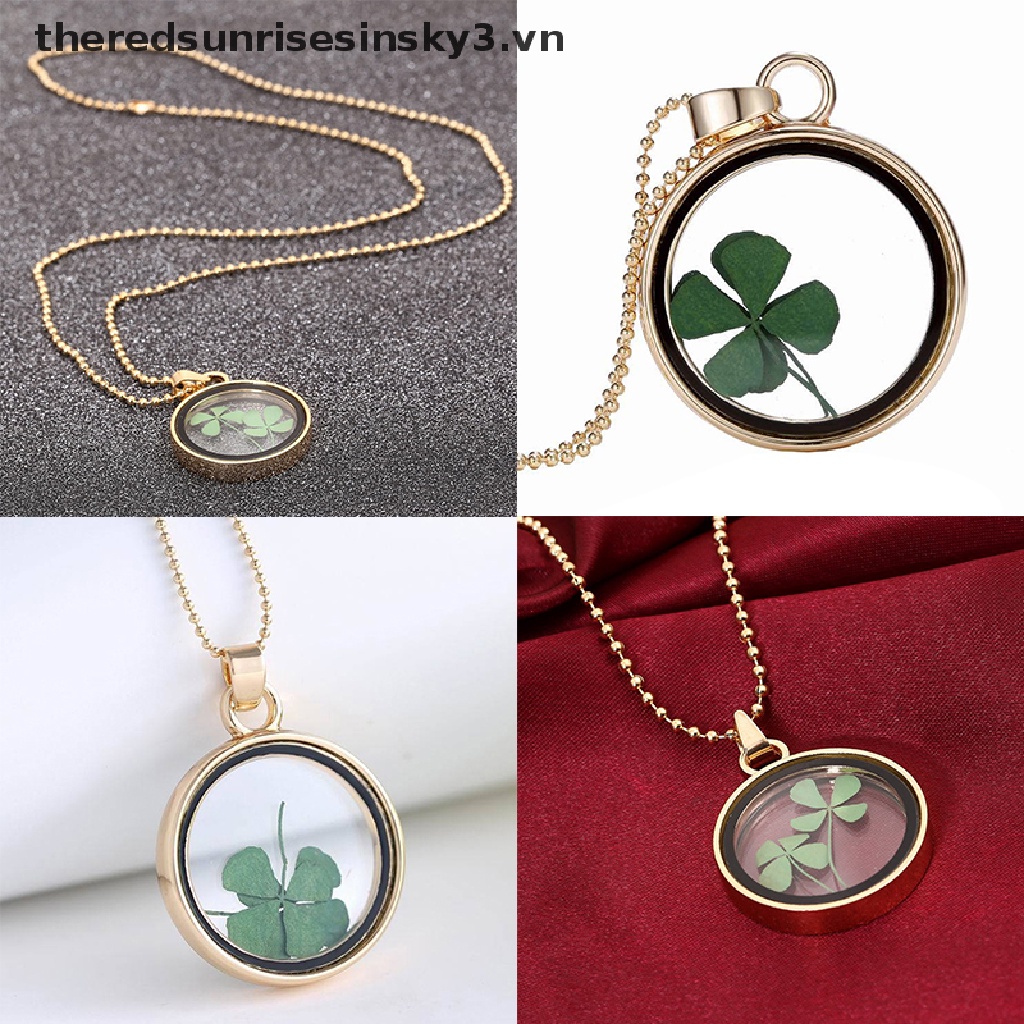 【thvn】Vòng cổ mặt cỏ ba lá bằng nhựa resin trong suốt ép hoa khô tự nhiên