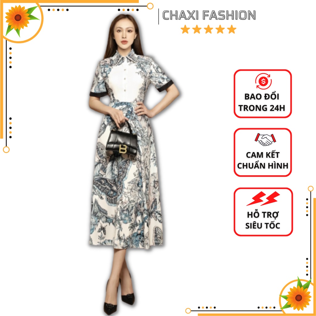 HÀNG NHẬP - ĐẦM XÒE MIDI LỤA CỔ SƠ MI HỌA TIẾT BƯỚM HOA TAY VIỀN ĐEN CAO CẤP - KLCT295410