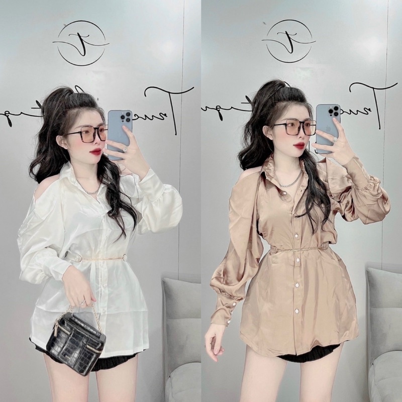 Đầm Sơ mi Satin Nút Châu Khoét Vai