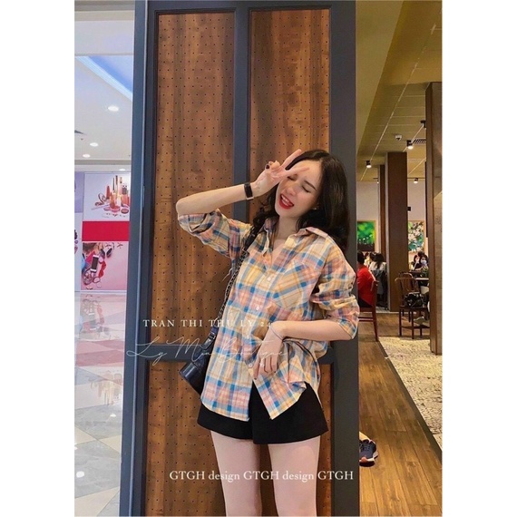 Áo sơmi nữ đũi thô kẻ sọc freesize dưới 53kg  2 màu xanh hồng alohashop91