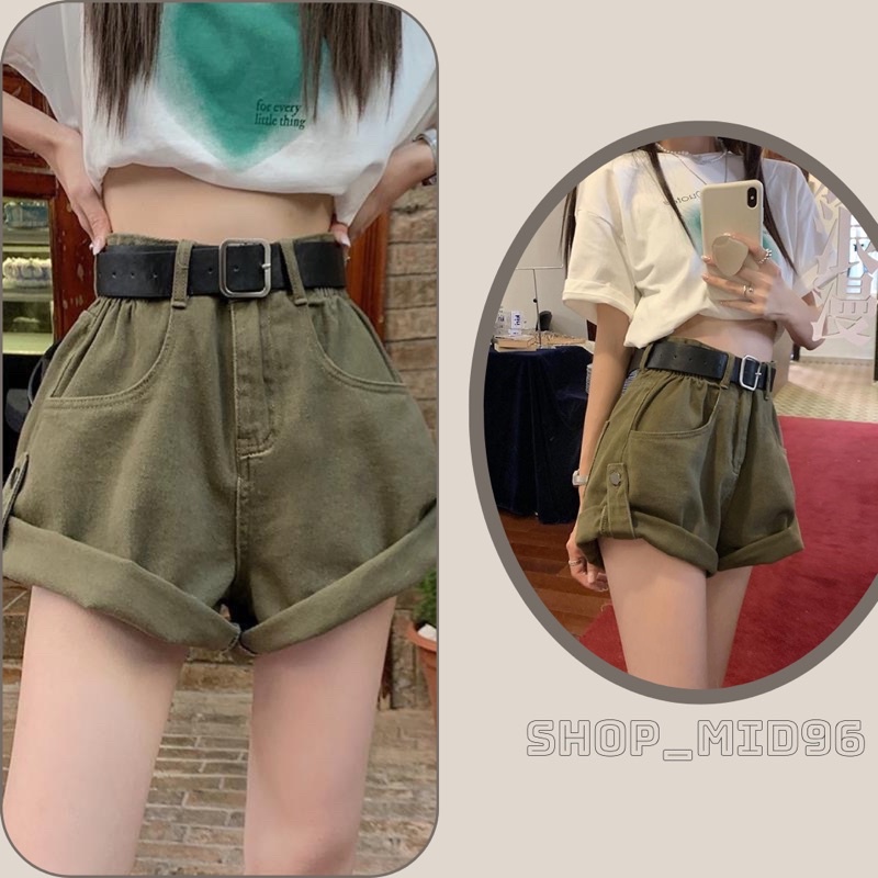Quần  short jean màu xanh  xắn gấu chun lưng cạp cao bò mềm.