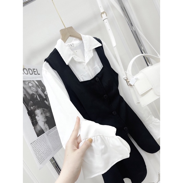 Set 2 món váy sơ mi tay bèo mix yếm gile siêu đẹp