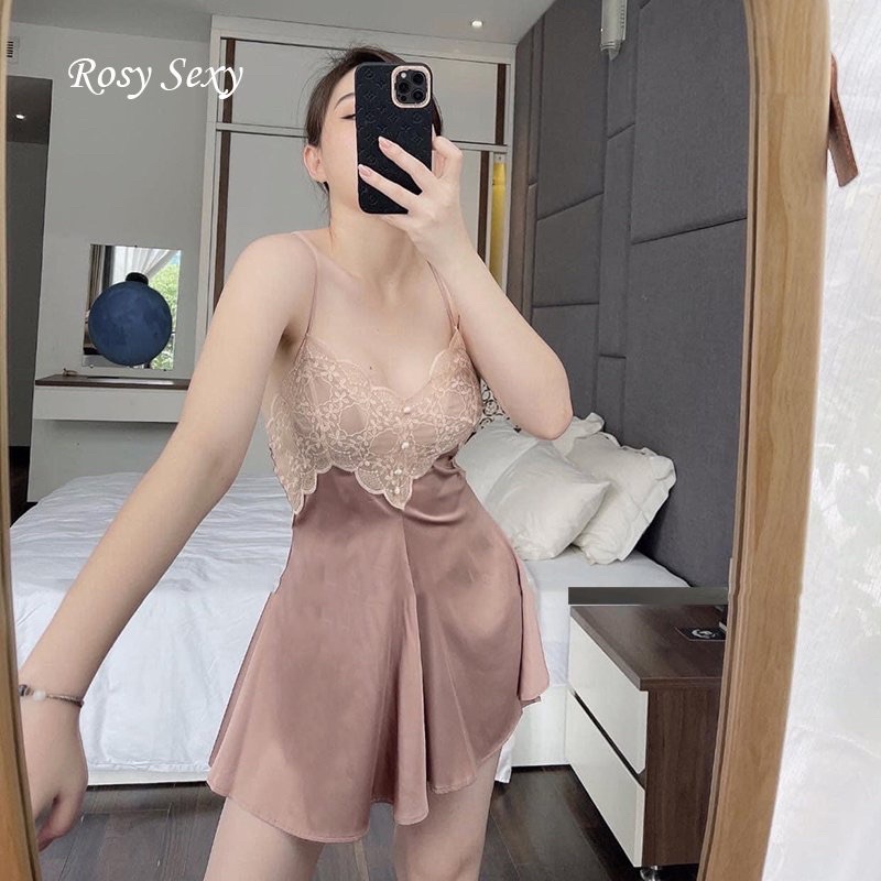 Váy ngủ hai dây lụa cao cấp dáng xoè viền ren ngực VN309