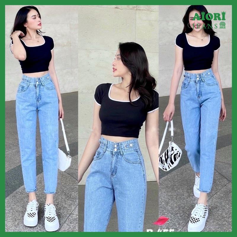 Quần Jean Nữ Aiori Lưng Cao 2 Nút Baggy Bò Trơn Cạp Cao Ulzzang Phong Cách Thời Trang, Vải Cotton Mềm Mịn_Mã B455