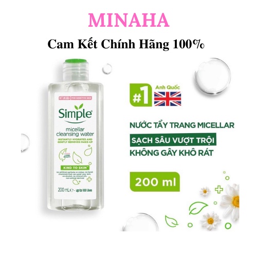 Nước tẩy trang Simple Kind to Skin Micellar Cleansing Water, Tẩy Trang Không Cồn Làm Sạch Da Sâu (200ml)