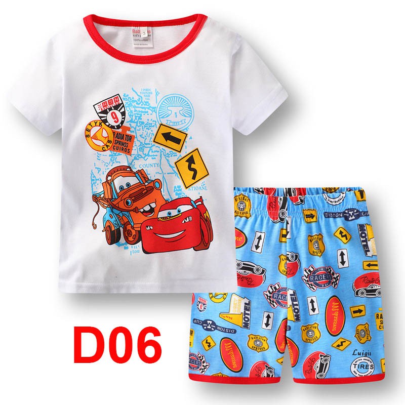 Set đồ ngủ 2 món áo thun tay ngắn in họa tiết xe hơi hoạt hình 95 và quần đùi dành cho bé trai 1-7 tuổi