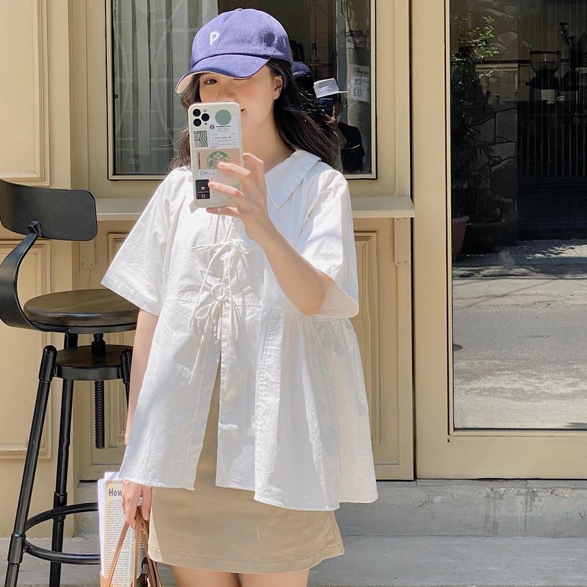{Evacici}Set bộ nữ áo babydoll trắng ngắn tay buộc dây kèm chân váy ngắn chữ A.Set bộ nữ HOTHIT.