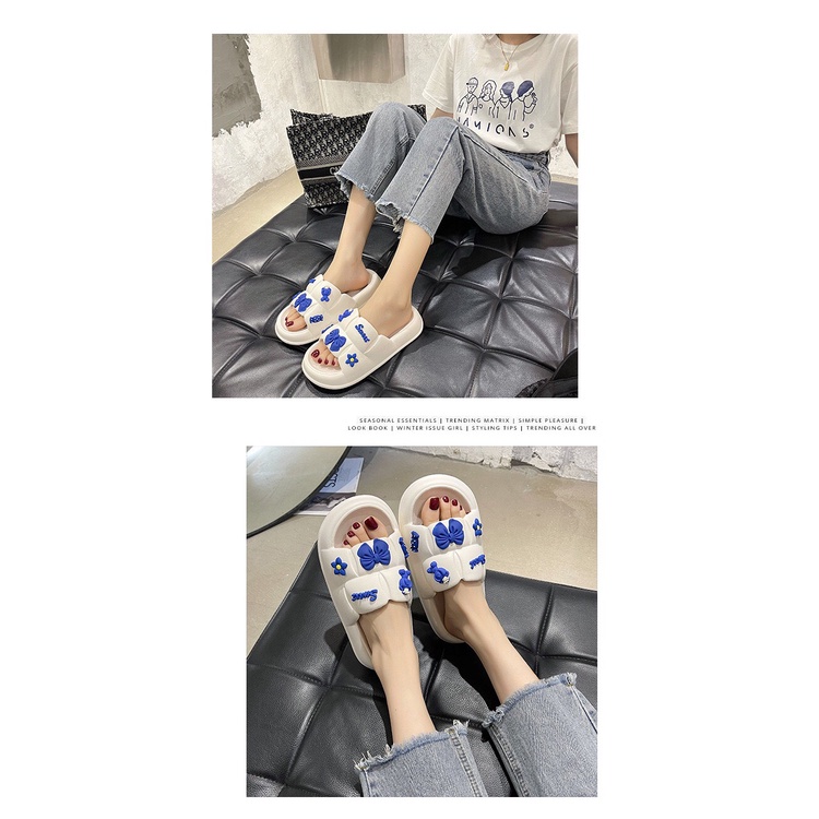 Dép quai ngang bánh mì họa tiết nơ xanh