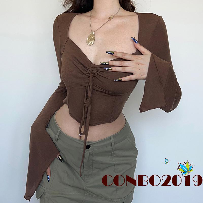 Áo Crop Top Tay Dài Cổ Chữ V Màu Sắc Đơn Giản Cho Nữ