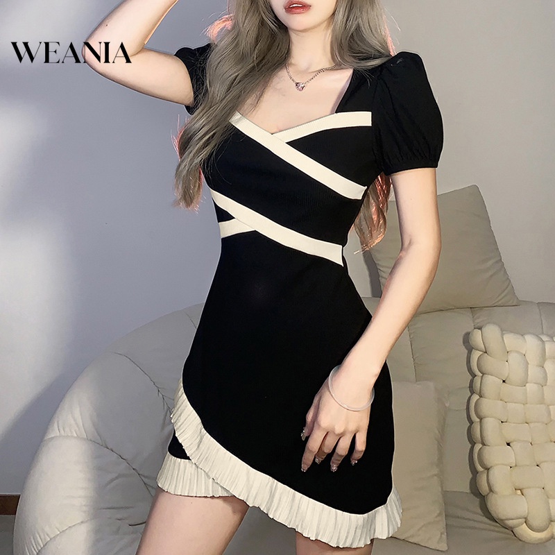 Đầm Mini Cổ Vuông Màu Sắc Khối Phong Cách Thời Trang Hàn Quốc