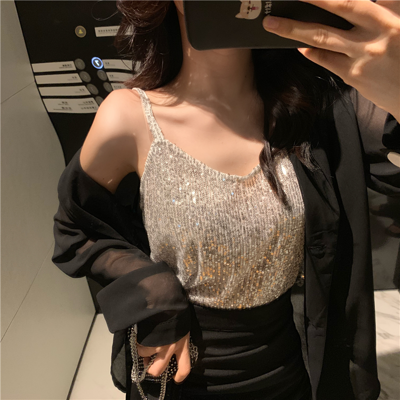 Áo Lửng Hai Dây Đính Sequin Lấp Lánh Quyến Rũ Dành Cho Nữ