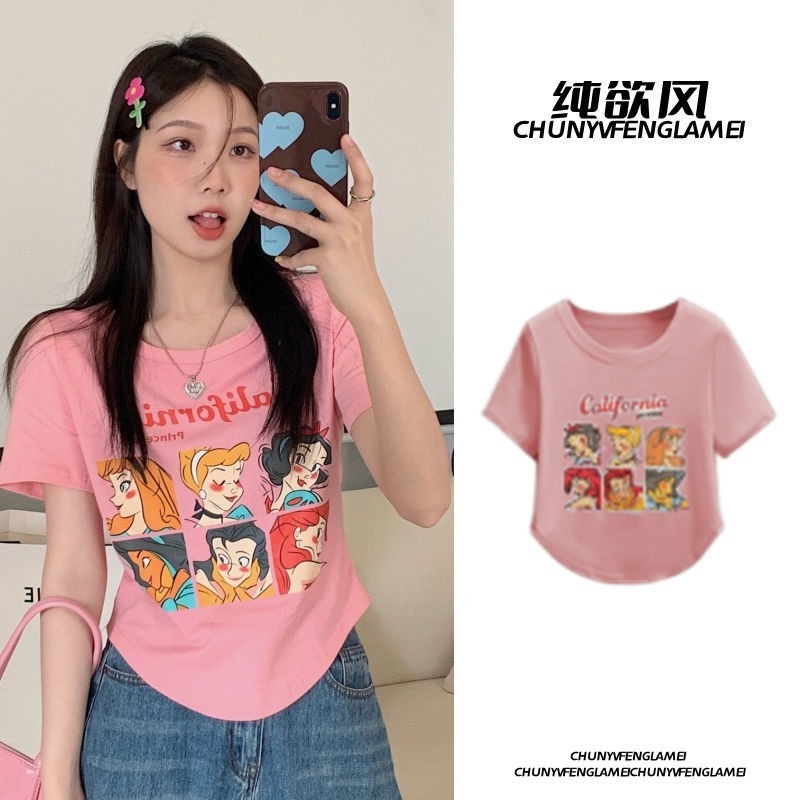 Áo Thun Crop Top Tay Ngắn Hở Vai In Họa Tiết Hoạt Hình Thời Trang Mùa Hè 2022 Cho Nữ