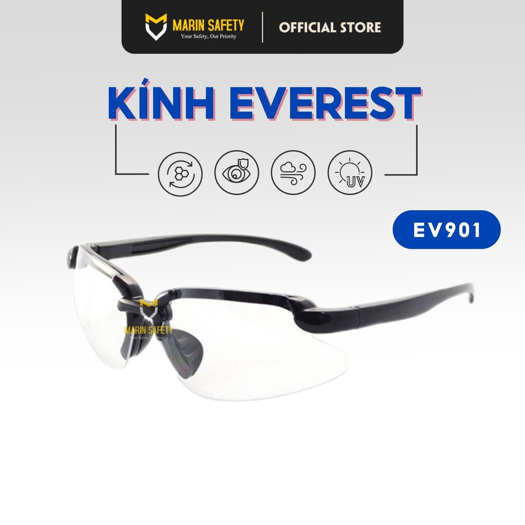 Kính bảo hộ Everest EV901 có đệm mũi Silicone, chống tia UV, UB, chống đọng sương, chống bụi, chống trầy xước