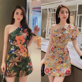 Đầm ôm body thun dẻo in 3d cao cấp lệch vai đính nơ