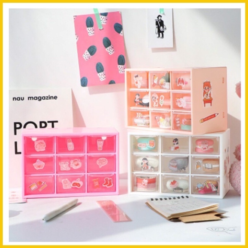 Tủ nhựa mini để bàn 9 ngăn tiện dụng tặng kèm sticker đáng yêu