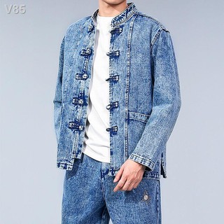 ₪Tang suit nam áo khoác denim của giới phong cách Trung Quốc retro Hanfu Zhong dài tay triều