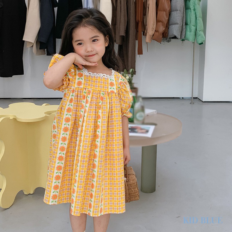 Đầm Công Chúa Tay Phồng Cổ Vuông Viền Ren Họa Tiết Kẻ Sọc/Hoa Thời Trang Mùa Hè Phong Cách Hàn Quốc Cho Bé Gái