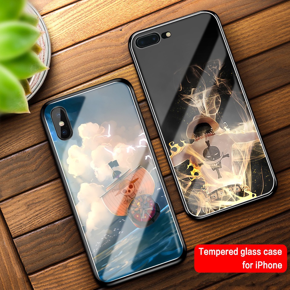 Ốp điện thoại kính cường lực in hình hoạt hình One Piece cho iPhone 6 6s 7 8 plus X Xr Xs Max 11 Pro Max