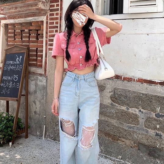 Jiashucheng Áo Khoác Denim Tay Ngắn Màu Hồng Cổ Bẻ Phong Cách Đường Phố Mùa Hè Thu Sang Trọng Ngọt Ngào Cho Nữ