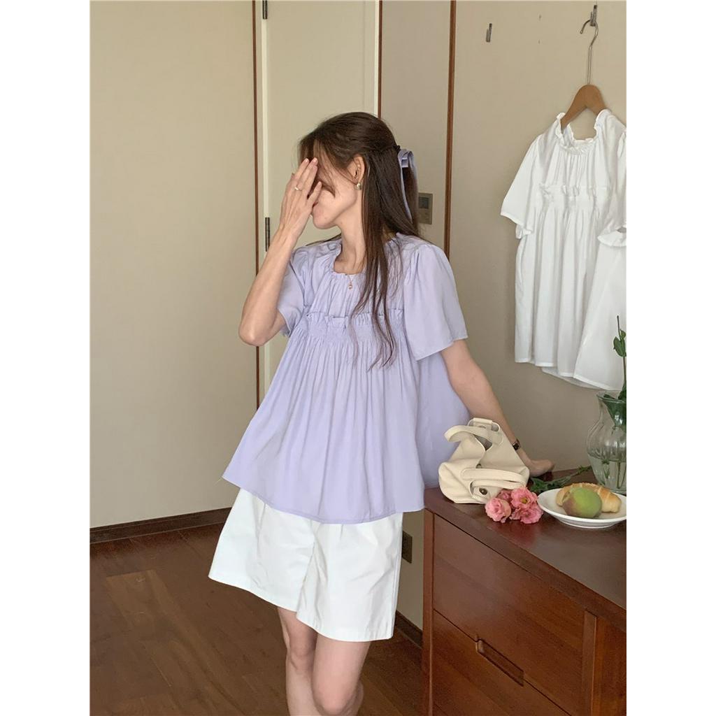 Áo kiểu Peppermint 53699 cổ tròn ngắn tay phối ren màu kẹo ngọt thời trang hè