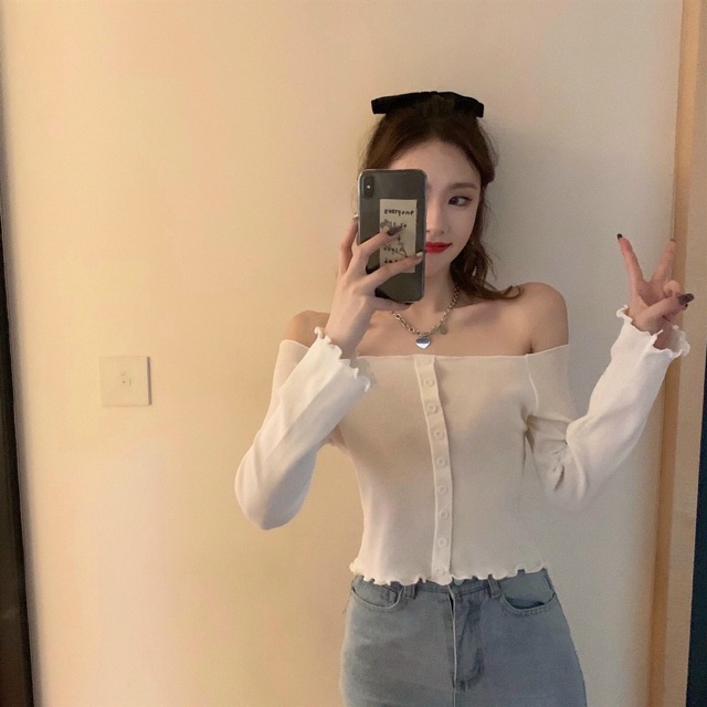 Áo len cúc cổ thuyền dáng ngắn, Áo len Croptop dài tay sexxy AL7108 - NhiNhiShop