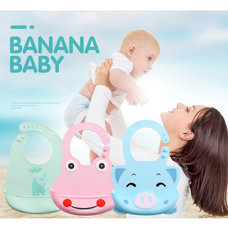 Yếm Ăn Silicon Chống Thấm Nước Họa Tiết Hoạt Hình Có Túi Cho Bé Sơ Sinh