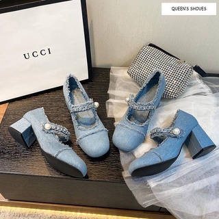 Giày Cao Gót Mũi Vuông Chất Liệu Denim Đính Ngọc Trai Phong Cách Retro