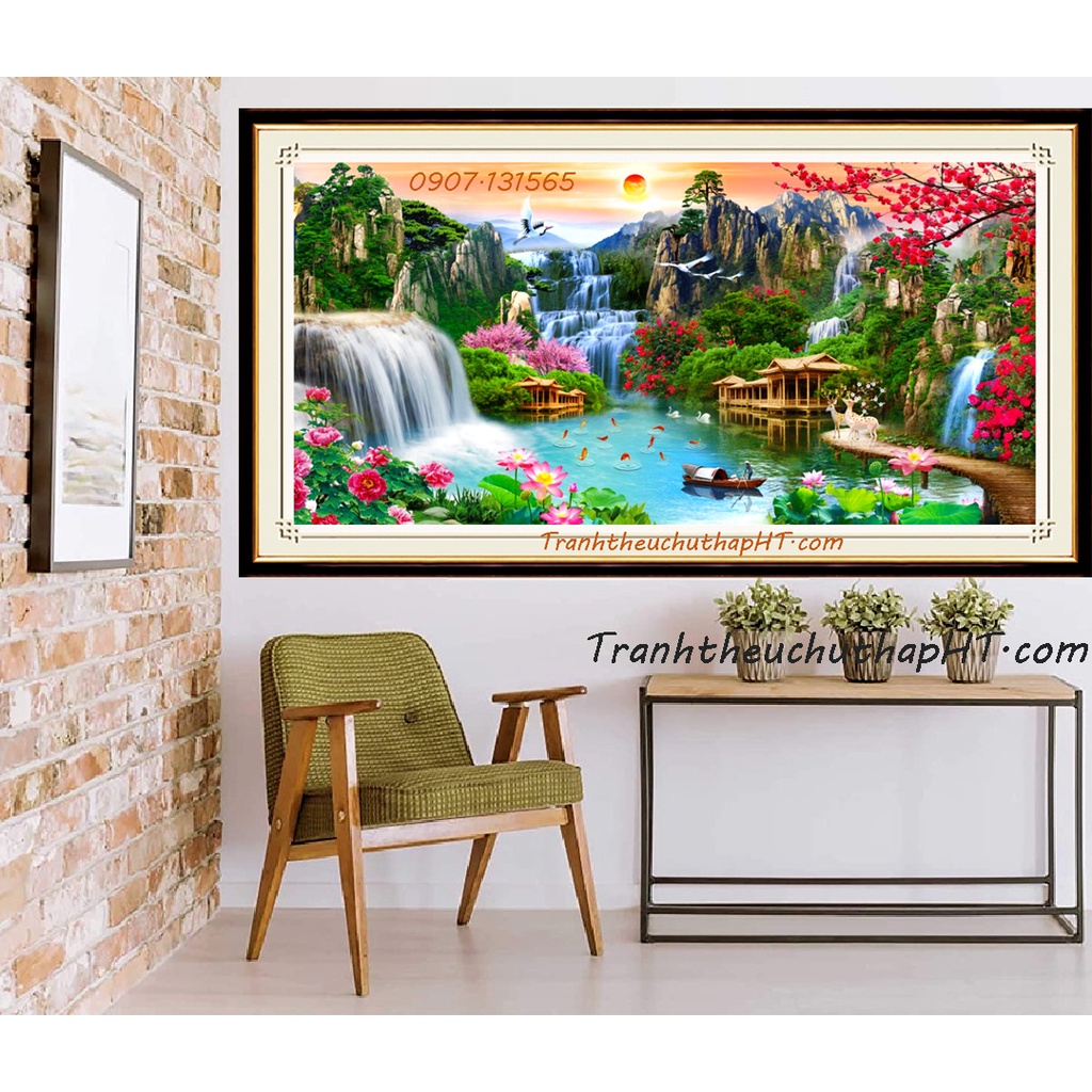 Tranh thêu chữ thập Phong cảnh lưu thủy sinh tài 100*51cm - tự thêu