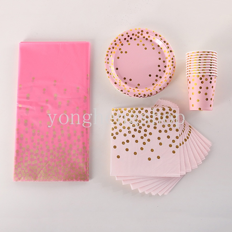 Bộ dụng cụ ăn uống bằng giấy họa tiết chấm bi màu đồng dùng một lần trang trí tiệc sinh nhật/tiệc tùng