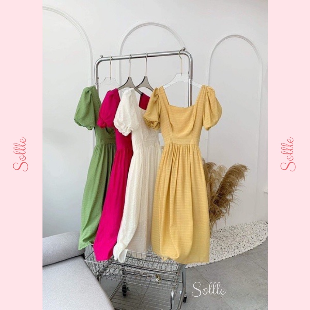 𝑿𝒂̉ 𝒌𝒉𝒐 - Đầm babydoll váy đũi cổ vuông tay bồng thắt nơ eo nhiều màu Sollle