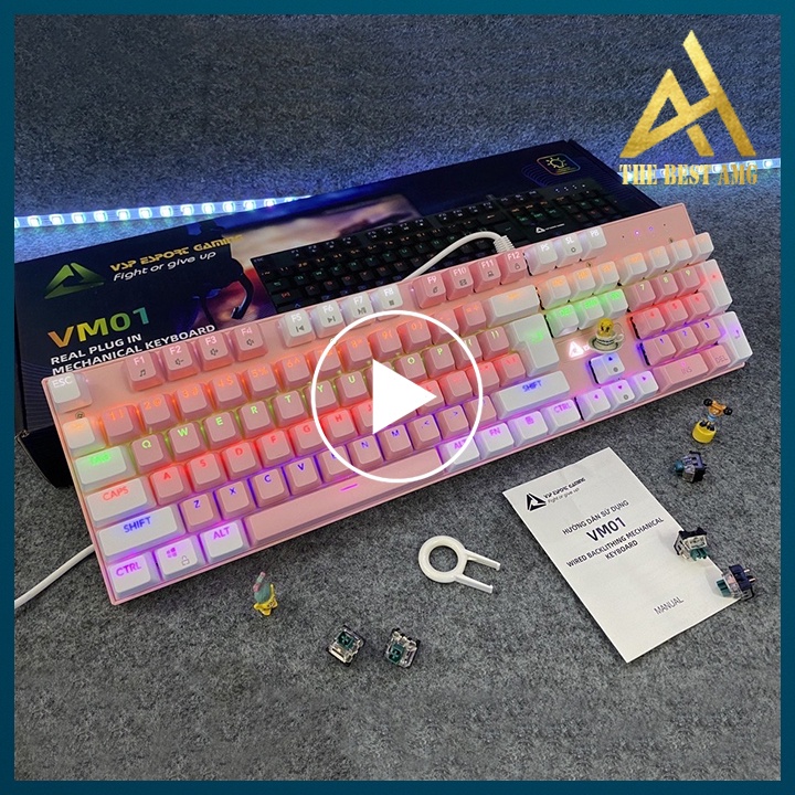 Bàn Phím Cơ Gaming Có Dây Xuyên Led RGB VSP VM01 Màu Trắng Hồng Dễ Thương - Bàn Phím Máy Tính Laptop PC Chơi Game