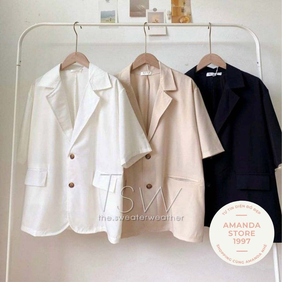 {Amanda}Blazer cộc tay dáng dài, lỡ 6 màu HOTHIT. Blazer ngắn tay trẻ trung mix đồ siêu dễ
