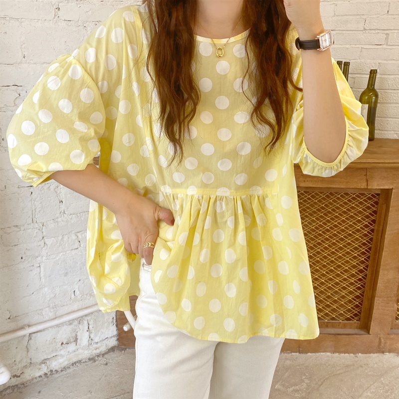 IELGY Áo Sơ Mi Cổ Tròn Tay Ngắn Dáng Rộng In Họa Tiết Chấm Bi Màu Vàng Phong Cách Hàn Quốc Cho Nữ