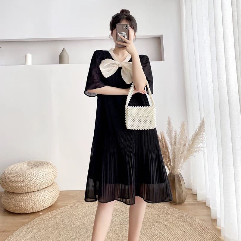 Đầm Bầu Váy Bầu Voan Dập Ly Thiết Kế Dễ Thương Đi Chơi Dự Tiệc Cổ Nơ Dáng Suông Hè Thu HD2718 Honey Mommy