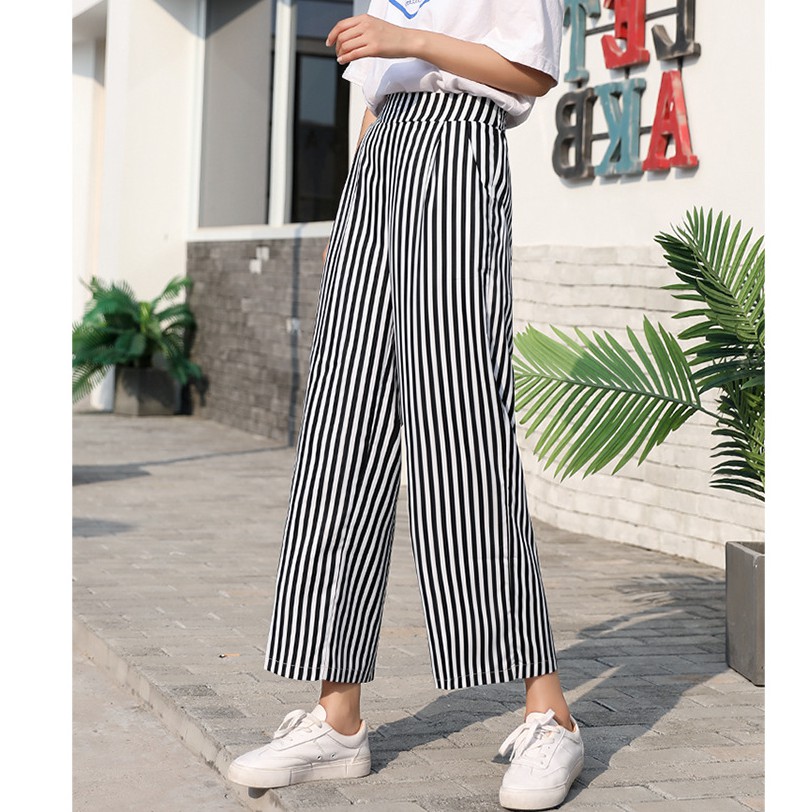 Quần ống rộng nữ cạp cao sọc kẻ
