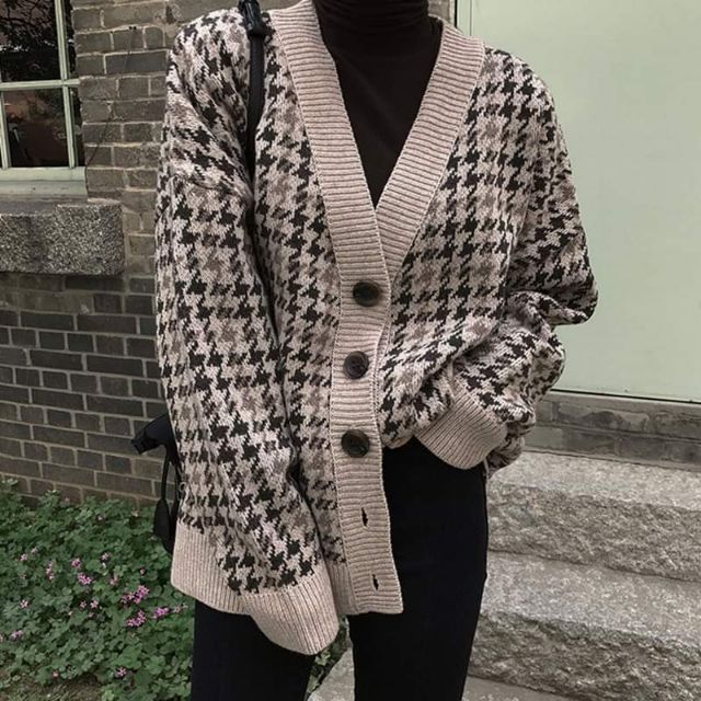 Hàng Sẵn_ Áo khoác len nữ cổ V houndstooth retro phong cách Hàn Quốc ulzzang