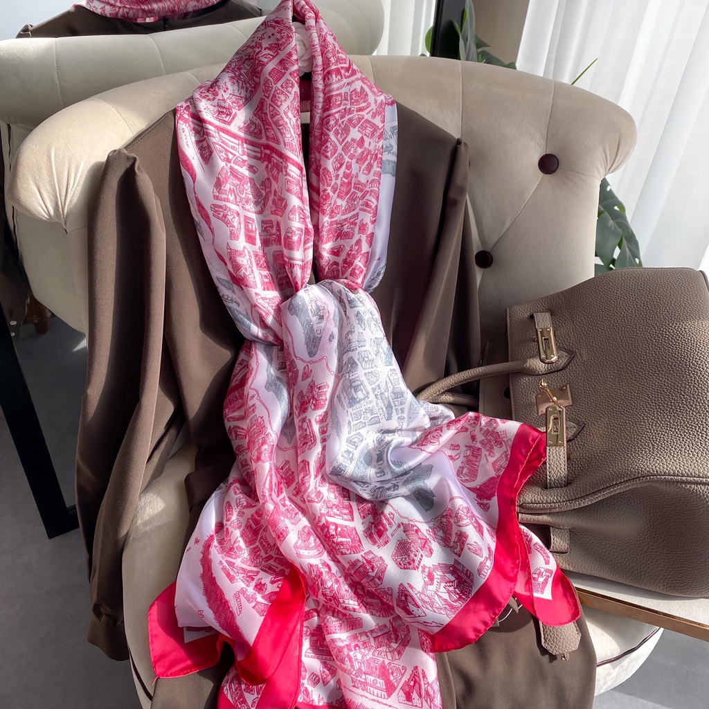 Khăn Choàng Lụa Dáng Dài Chống Nắng In Họa Tiết Thành Phố Thời Trang Cho Nữ