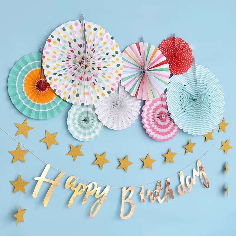 Trang Trí Sinh Nhật Quạt Giấy Treo Tường Siêu Đẹp Kèm Dây Sao Và Chữ Happy Birthday Ép Kim