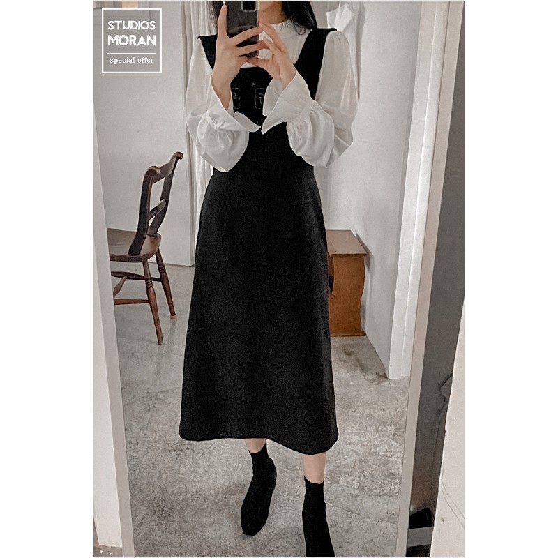 (ORDER) Váy yếm MORAN xòe dài màu đen đơn giản vintage nhẹ nhàng Hàn Quốc thanh lịch dịu dàng(ORDER) Váy yếm MORAN xòe d