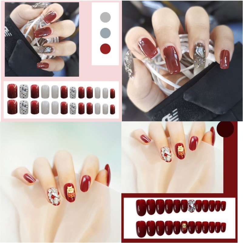 Set 24 móng tay giả đẹp cá tính đính đá sơn gel màu đỏ đô DH